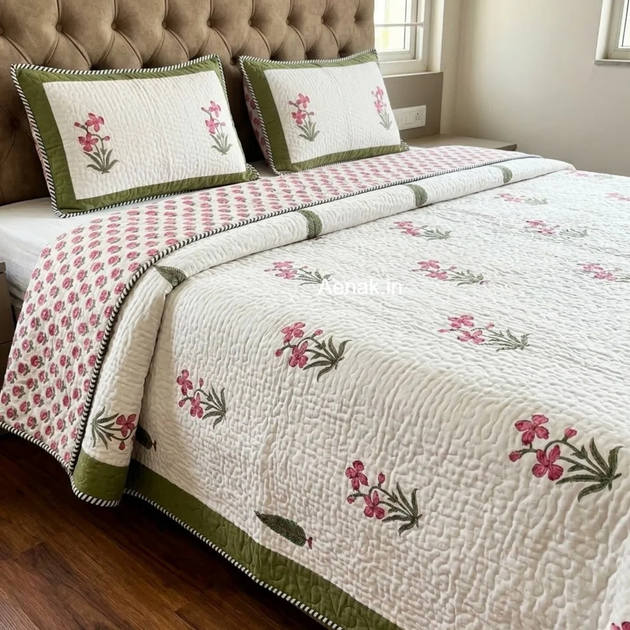 Pink Madhumati Handblock Bedsheet + Quilted Bedcover Combo Set by Aenak Studios | Tooffi