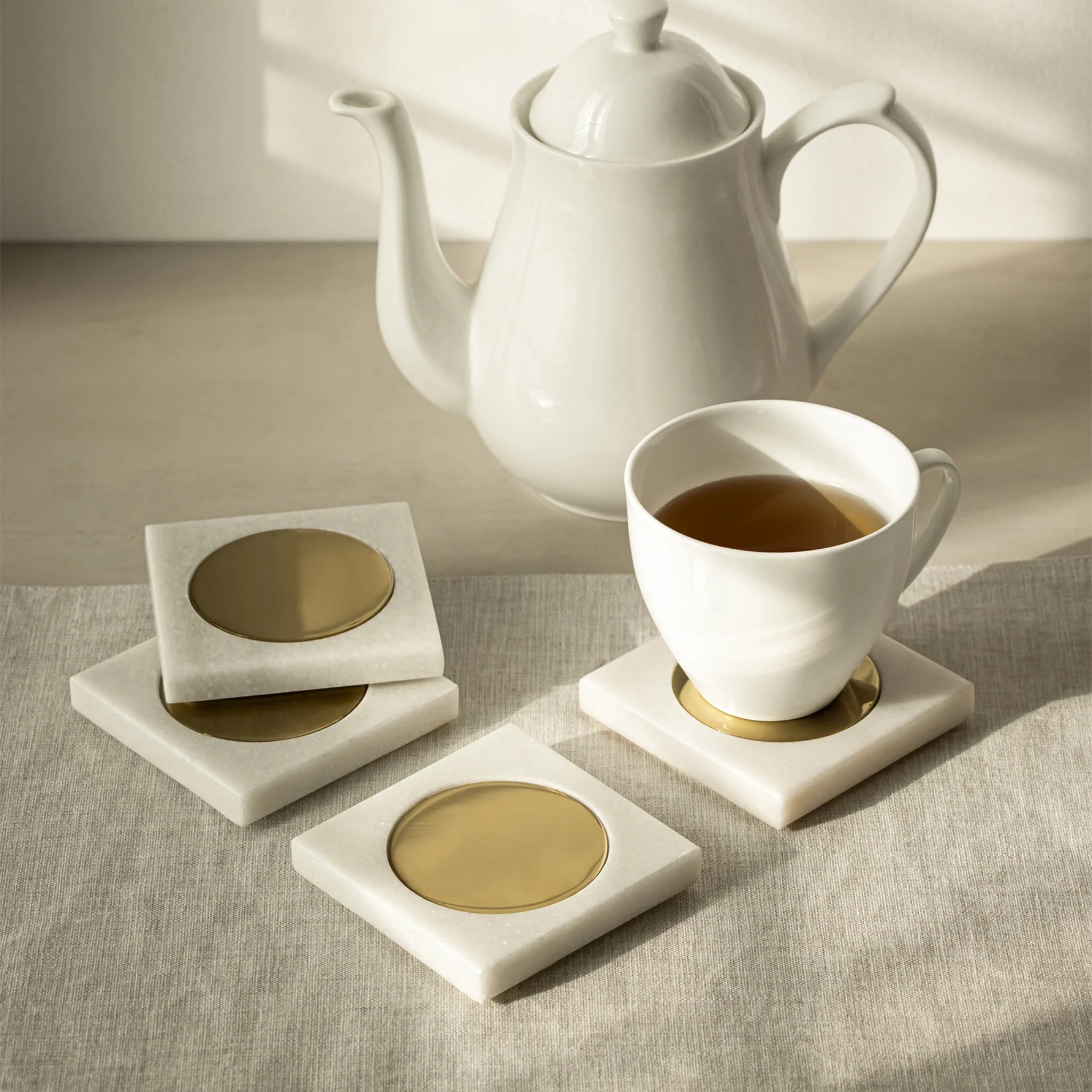 Yang Coasters — White Marble and Brass Gold (Set of 4) by Saswata | Tooffi