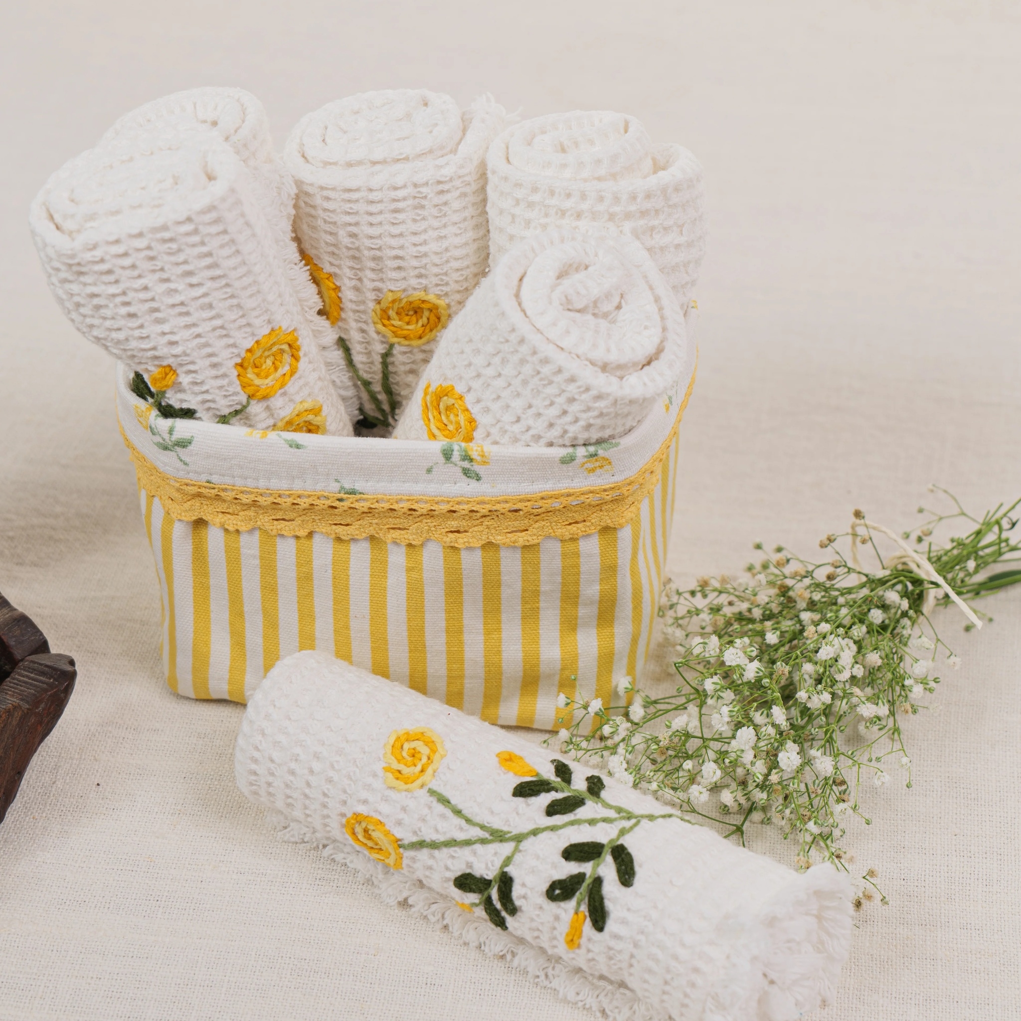Sunshine Yellow Tiny Rose Embroidered Bun Basket by Ammorada | Tooffi