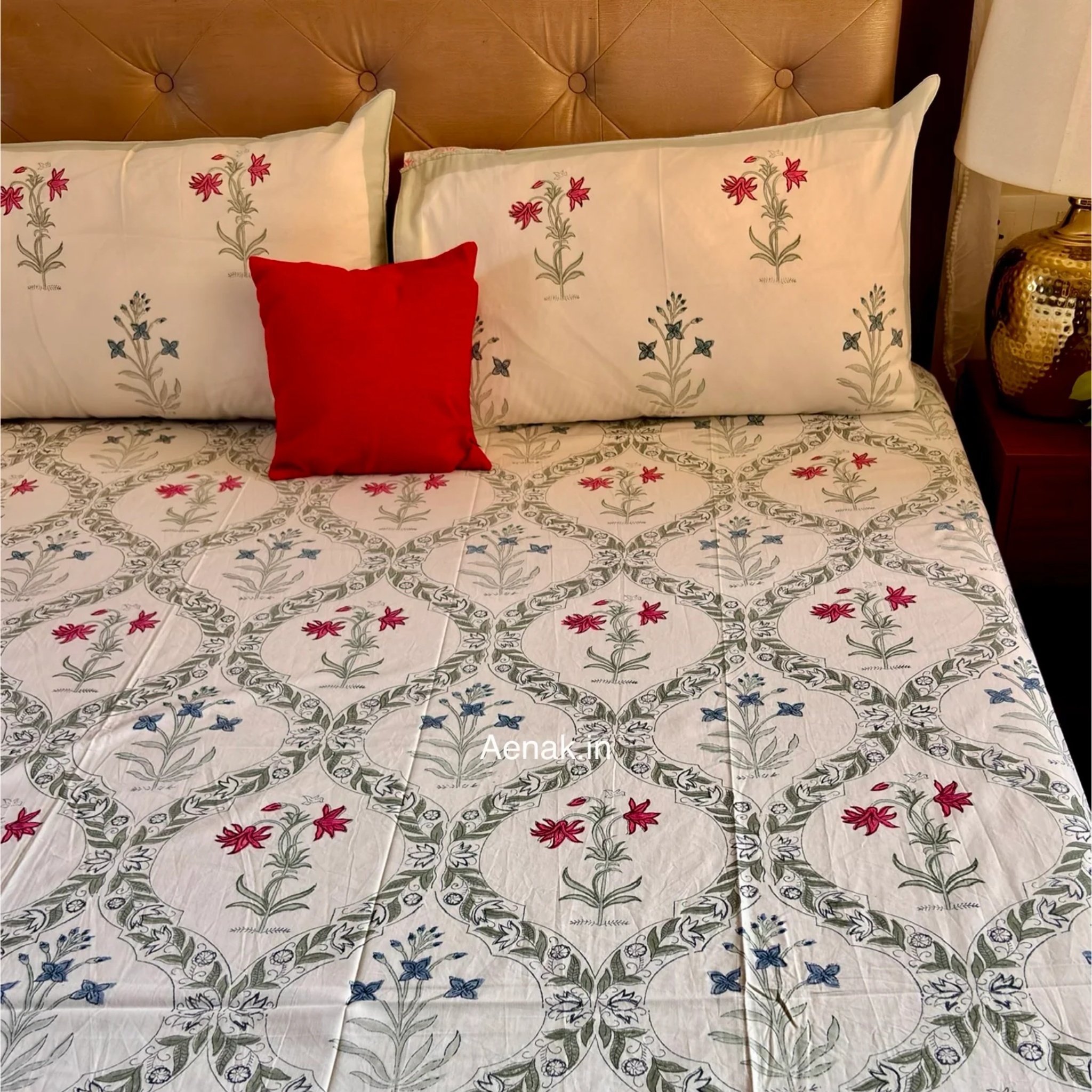 Pink Blue Floral Jaal Handblock Premium Cotton Bedsheet Set by Aenak Studios | Tooffi