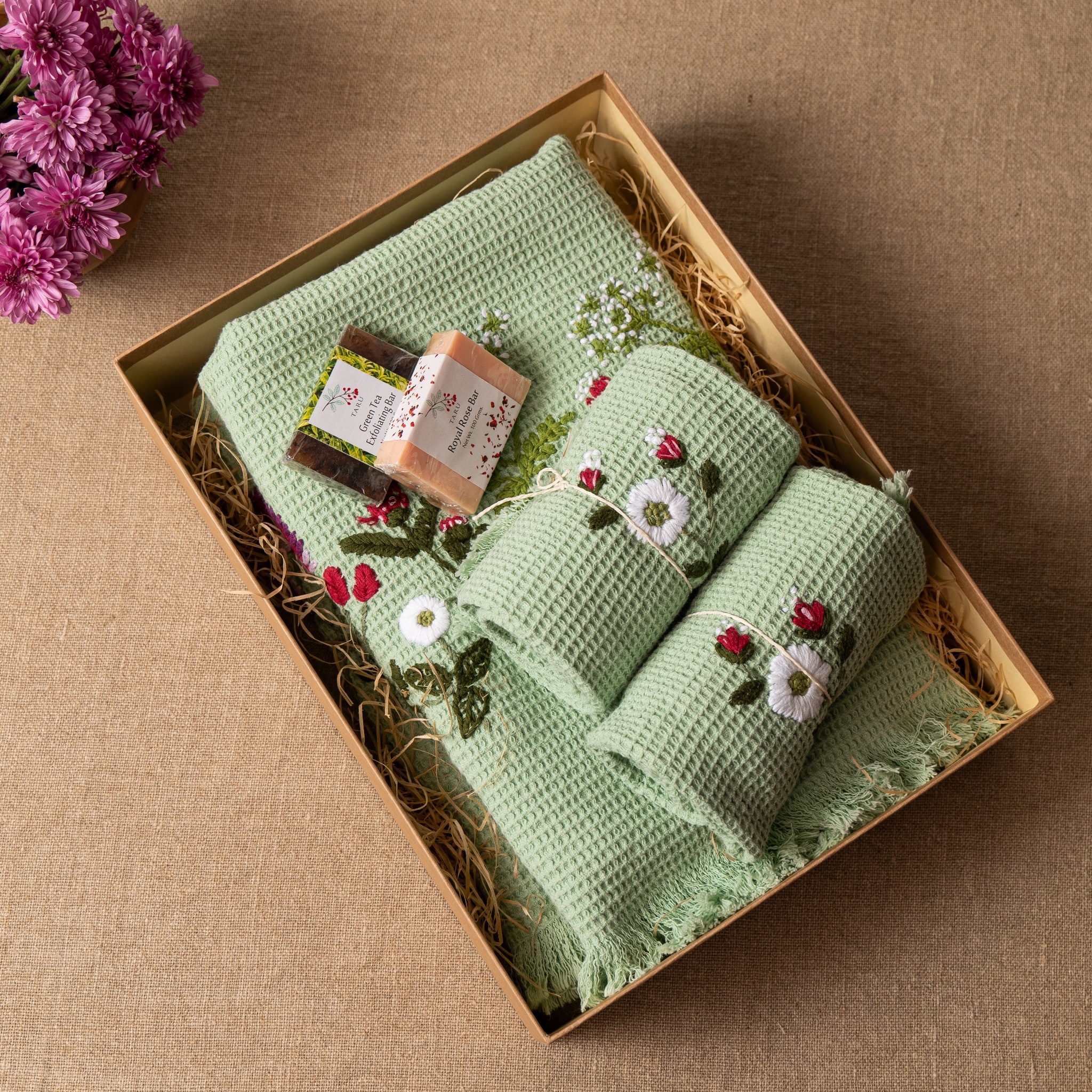 Luxeweave Spa Tulip Waffel Hand Embroidered Towel Gift Set Green 100% Cotton, With Hand made Soaps Quantity 2 by Ammorada | Tooffi