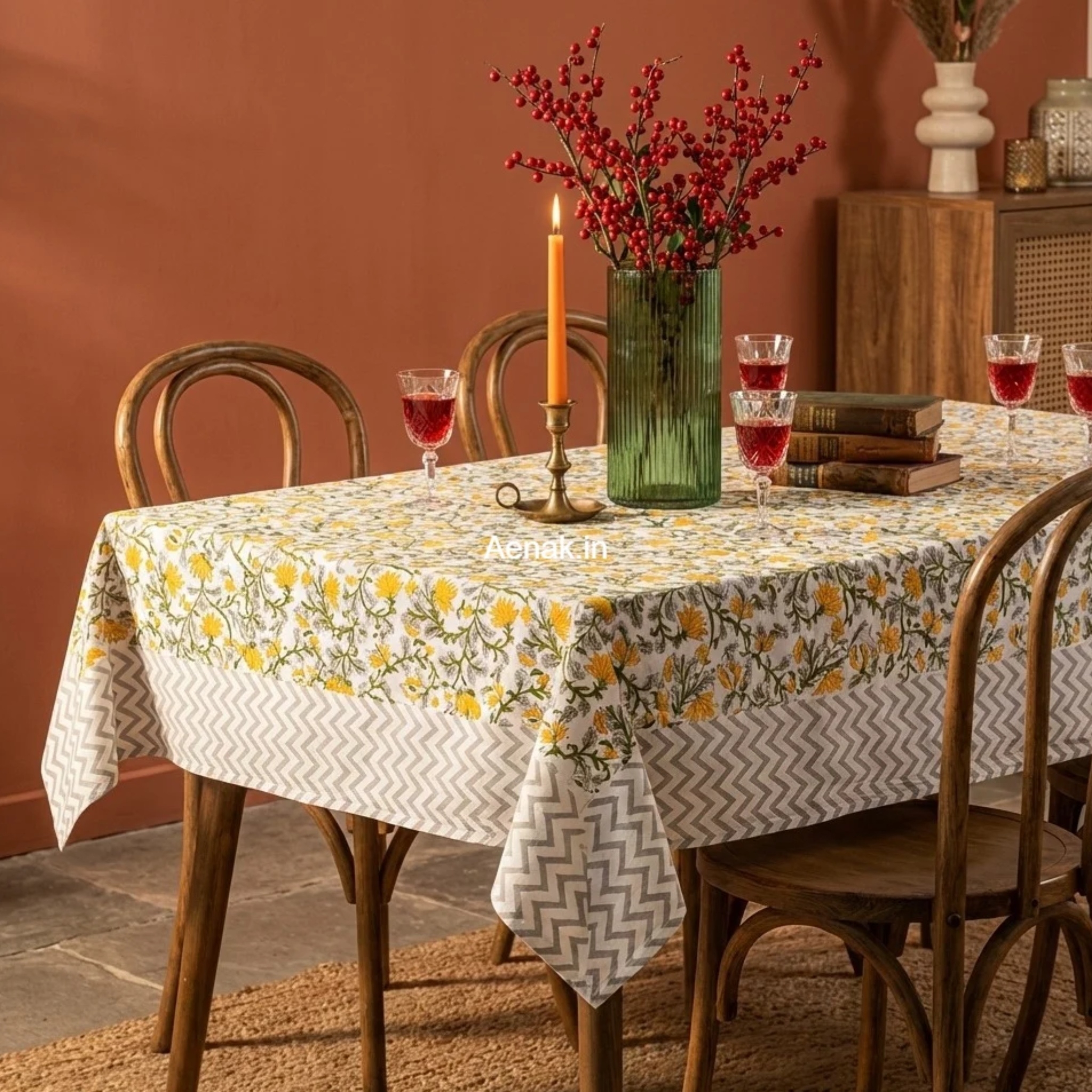 Yellow Marigold Handblock Table Cover by Aenak Studios | Tooffi