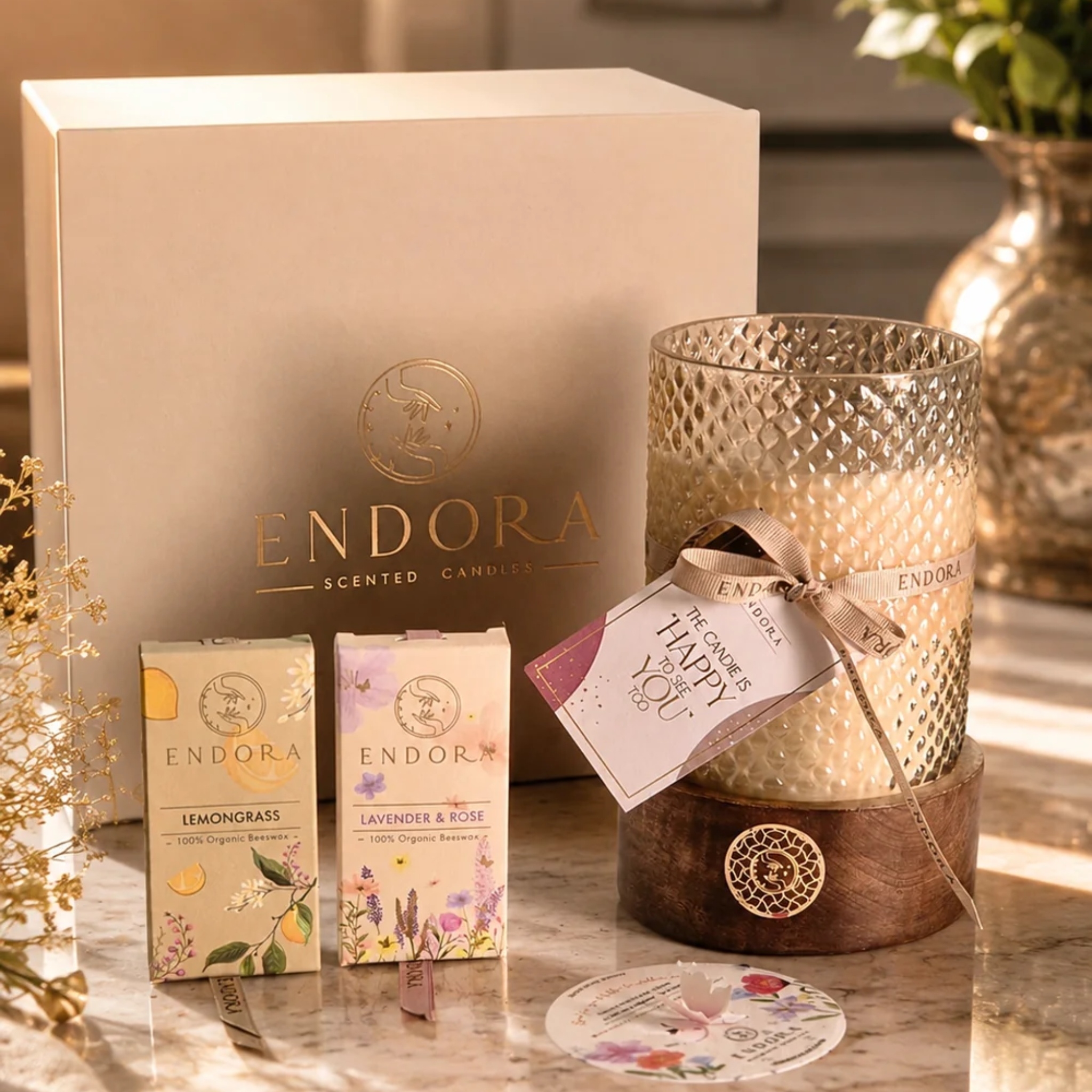 Wooden Base diamond cut candle + 2 wax tablet by Endora Scented Candles | Tooffi