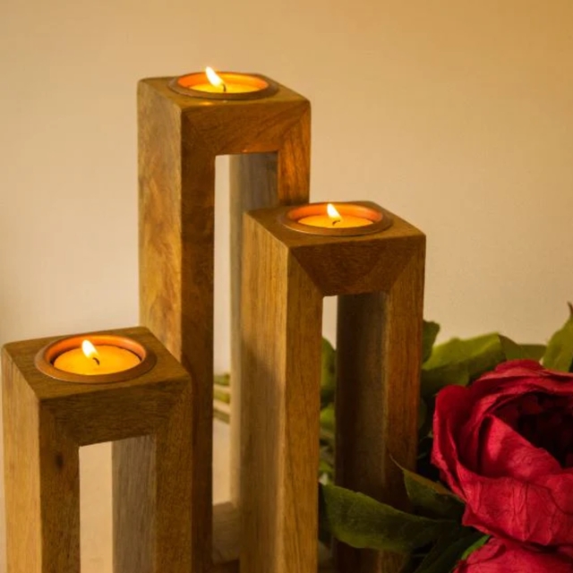 Wooden Tea Light Stand - Hollow - Set of 3