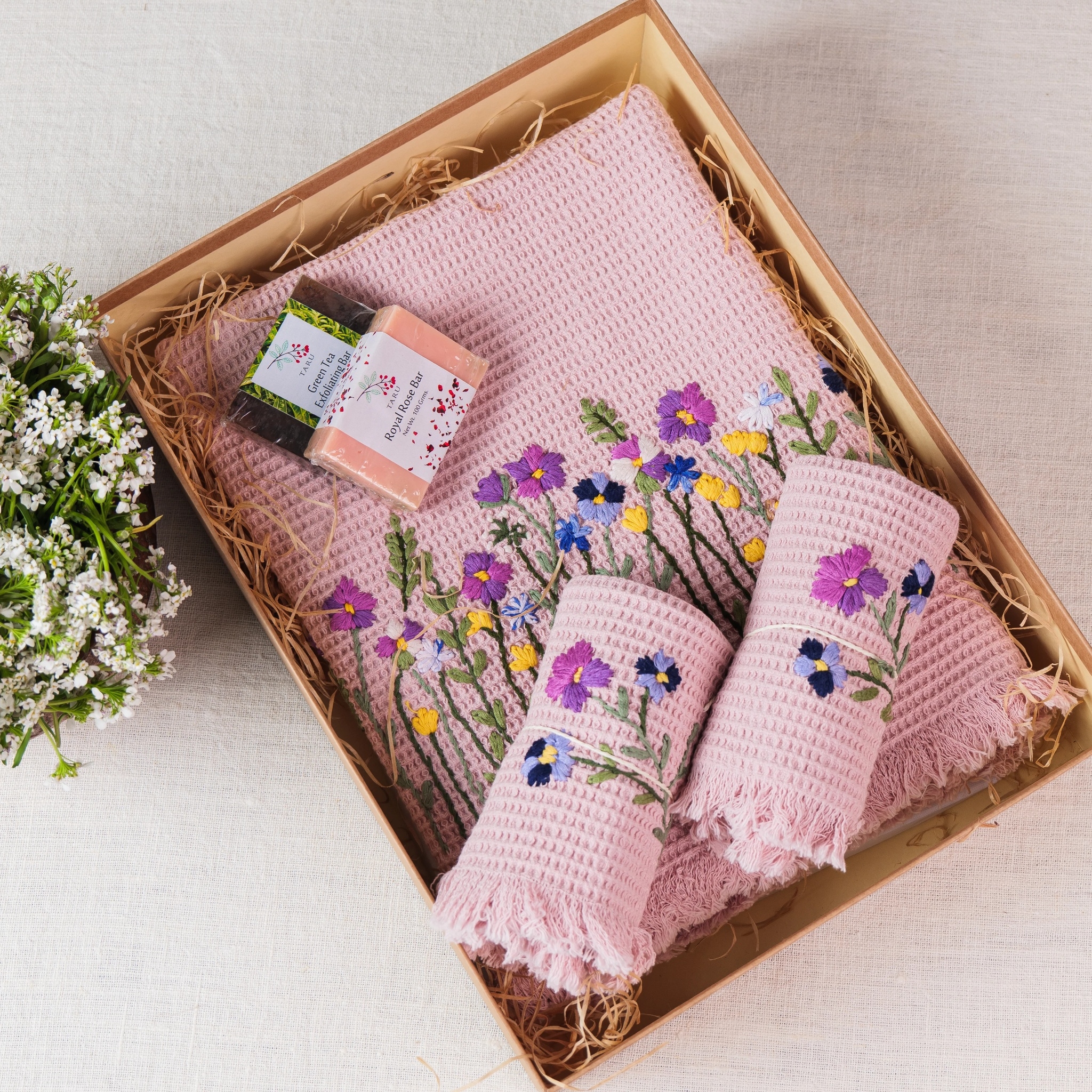 Luxeweave Spa Tulip Waffel Hand Embroidered Towel Gift Set Pink 100% Cotton, With Hand made Soaps Quantity 2 by Ammorada | Tooffi