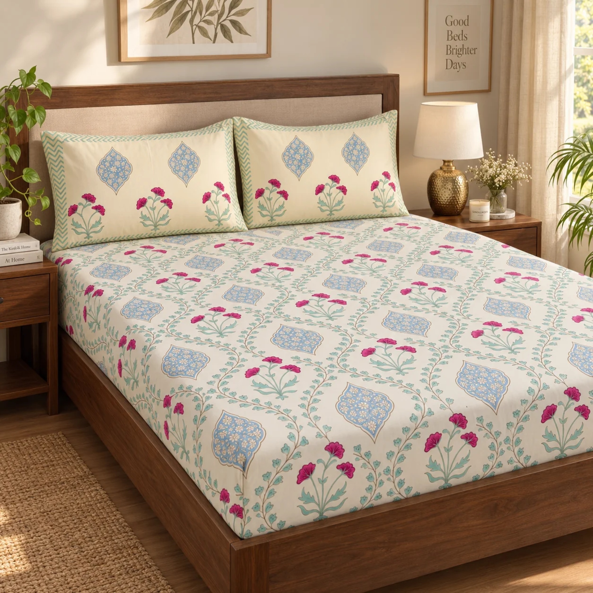 Pink Poppy Jaal Handblock Premium Cotton Bedsheet Set (Light Beige Base) by Aenak Studios | Tooffi