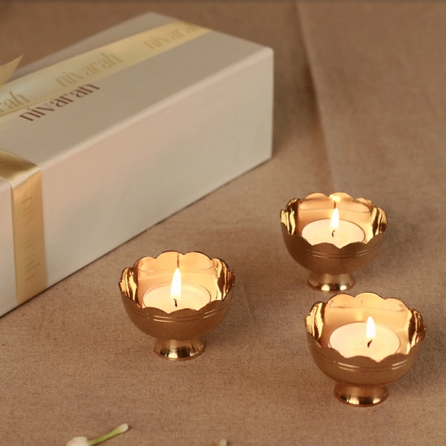 Saroj - Brass Tealight Holder & Candle - Set of 3