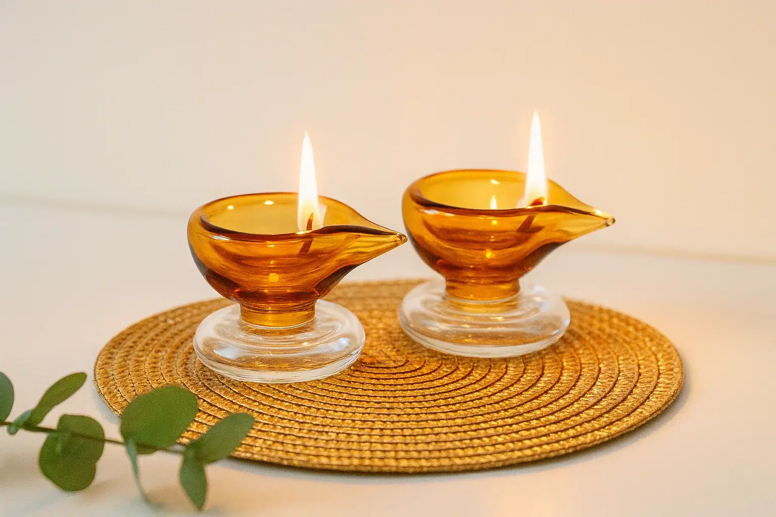 Handcrafted Art Glass Puja Diya - Ambar Jyot glowing with warm light