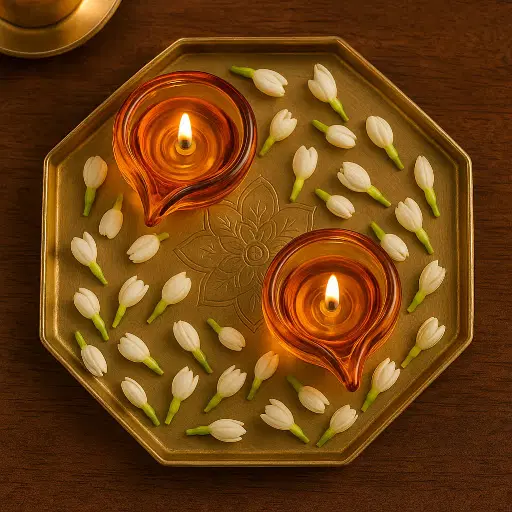 Handcrafted blown-glass puja diyas glowing with warm flickering flames