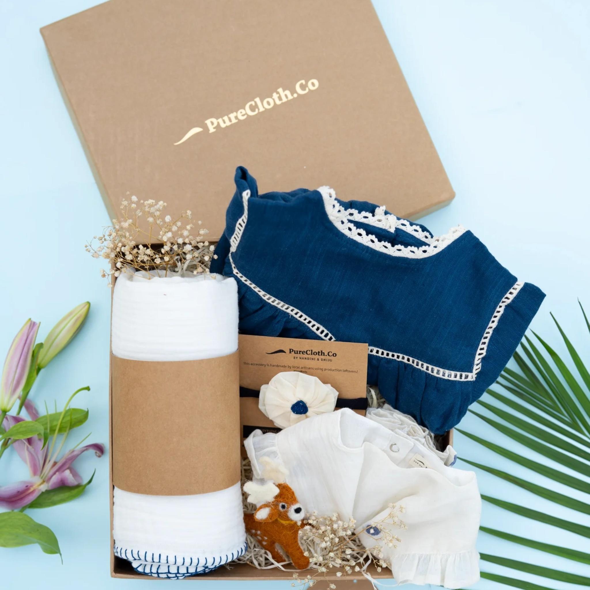 Baby Girl Gift Hamper with Cotton Romper and Swaddle - Indigo