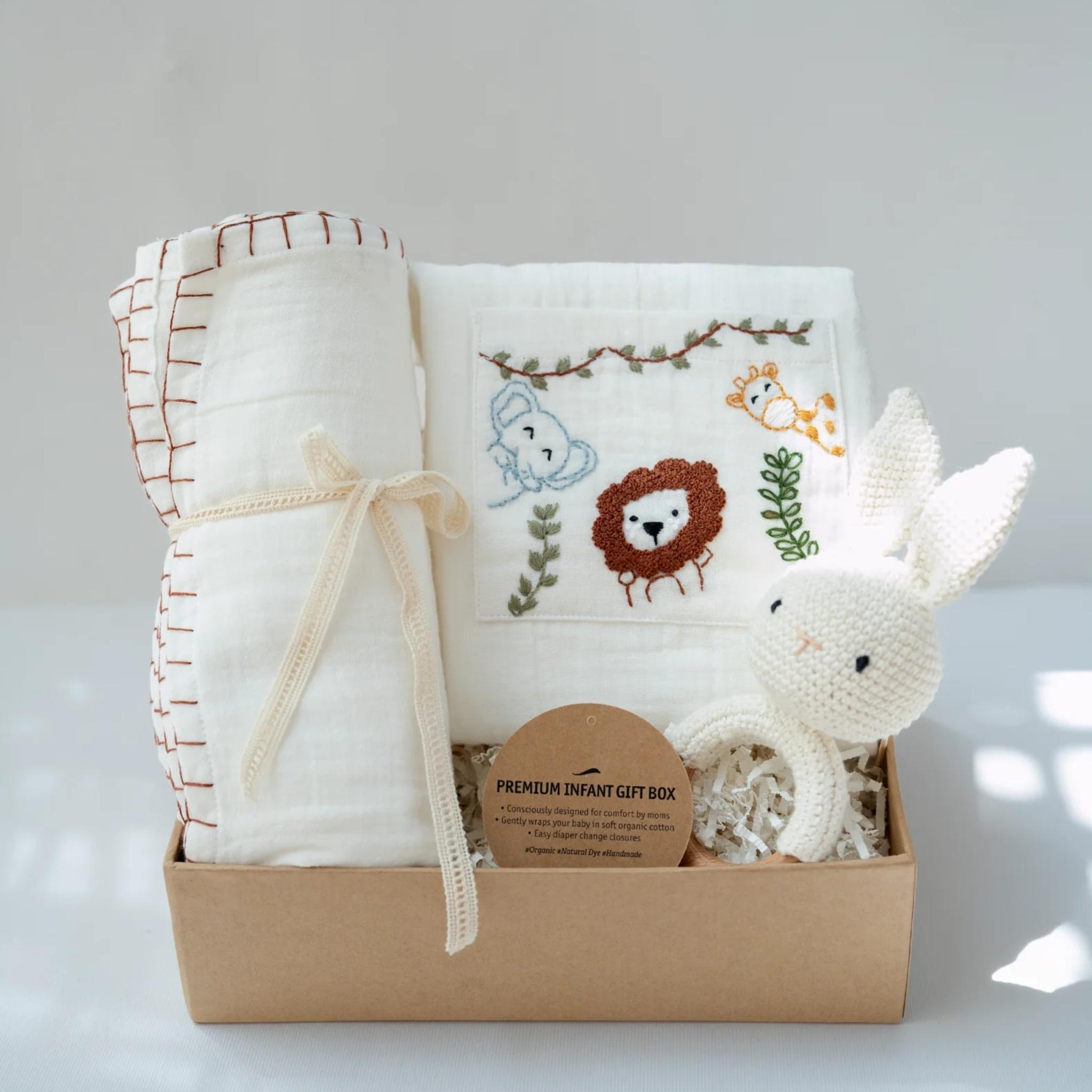 Baby Boy Gift Hamper with Cotton Romper and Swaddle | Little Meadows | White