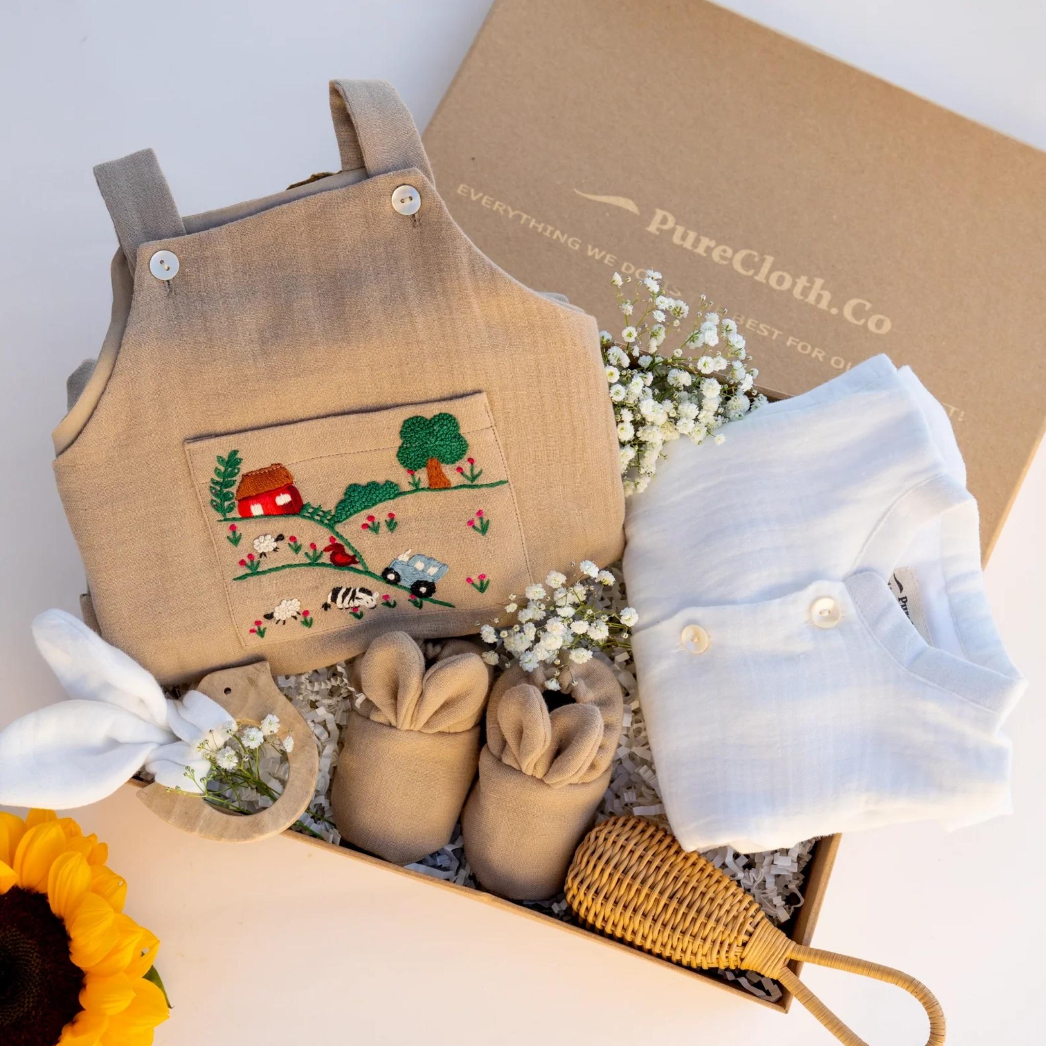 Newborn Baby Gift Hamper for Boys | 100% Cotton | Meadow Dreamland| Beige