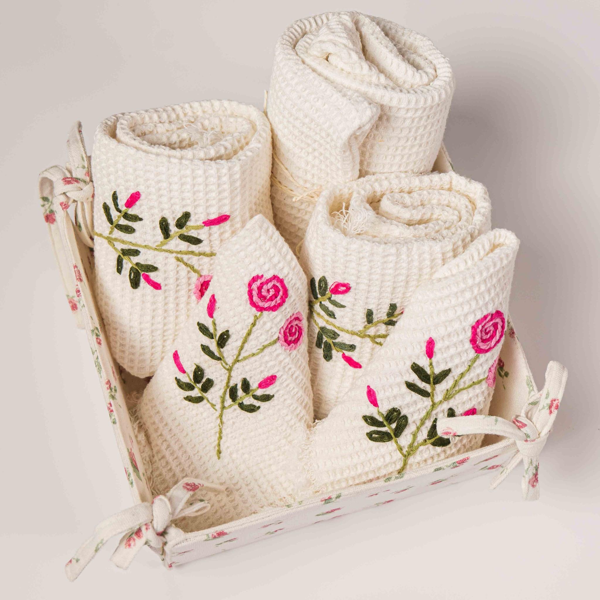 Tiny Rose Embroidered Vanity Basket Pure Cotton - Pink