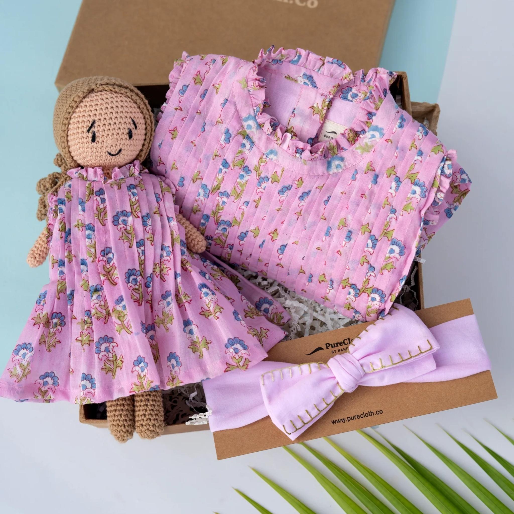 Rosy Whimsy Gift Hamper For Girls | Pintuck Dress & Handmade Doll