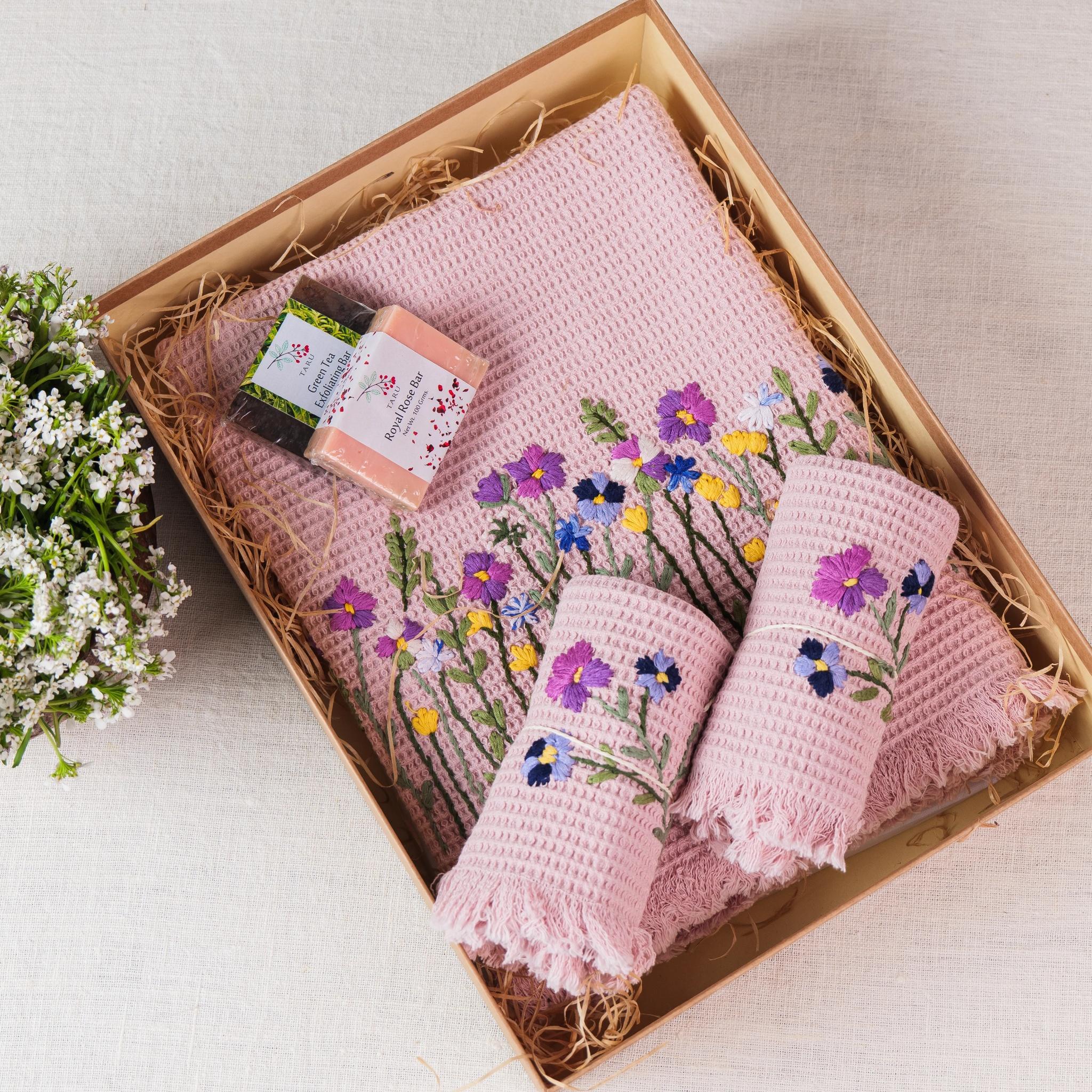 Luxeweave Spa Tulip Waffel Hand Embroidered Towel Gift Set Pink 100% Cotton, With Hand made Soaps Quantity 2
