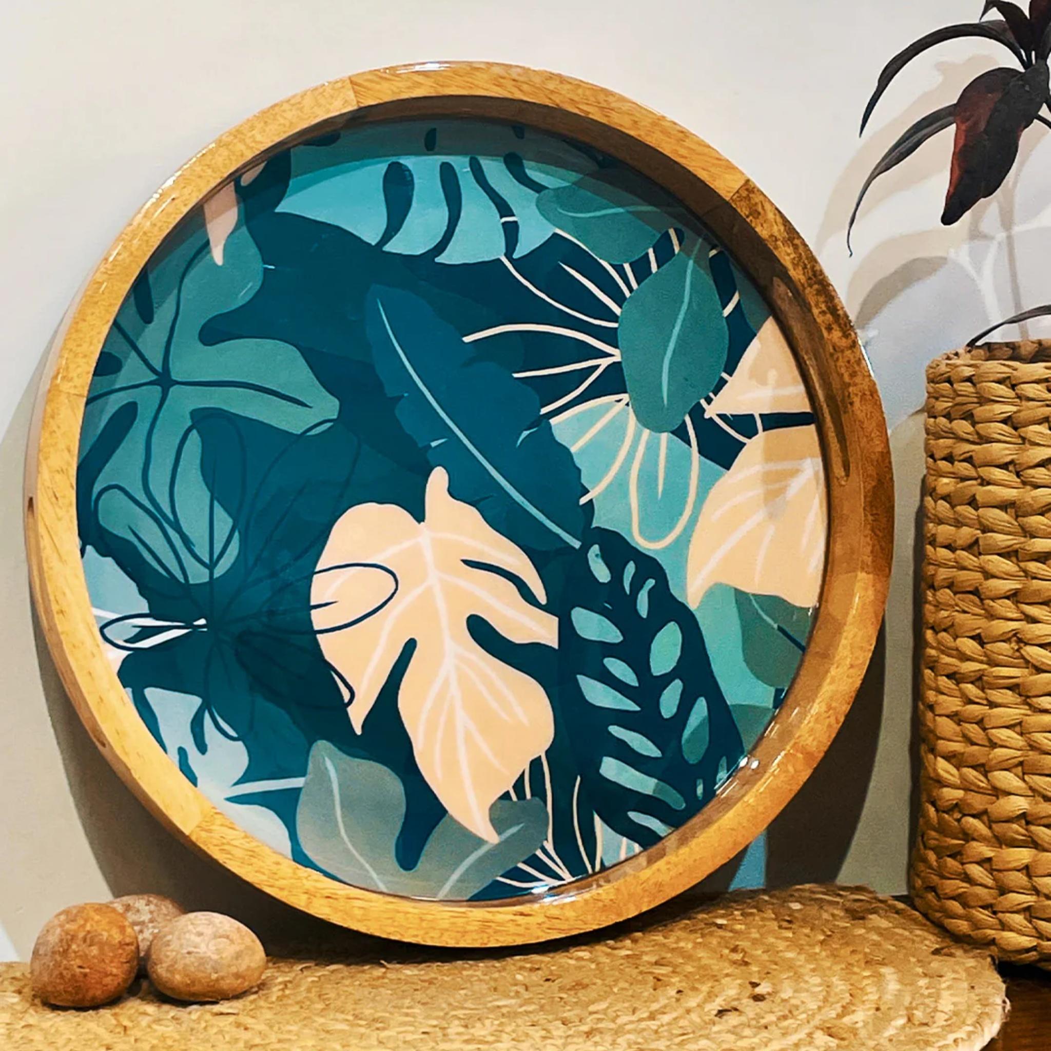 Tropical Leaf Mango Wood Epoxy Resin Serving Tray(1 Pc)