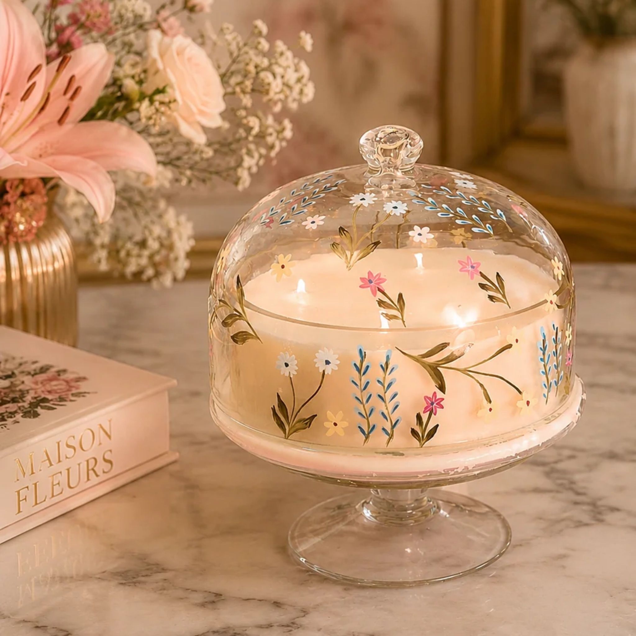 Floral Cascade Hand Painted Dome Jar Candle by Endora Scented Candles | Tooffi