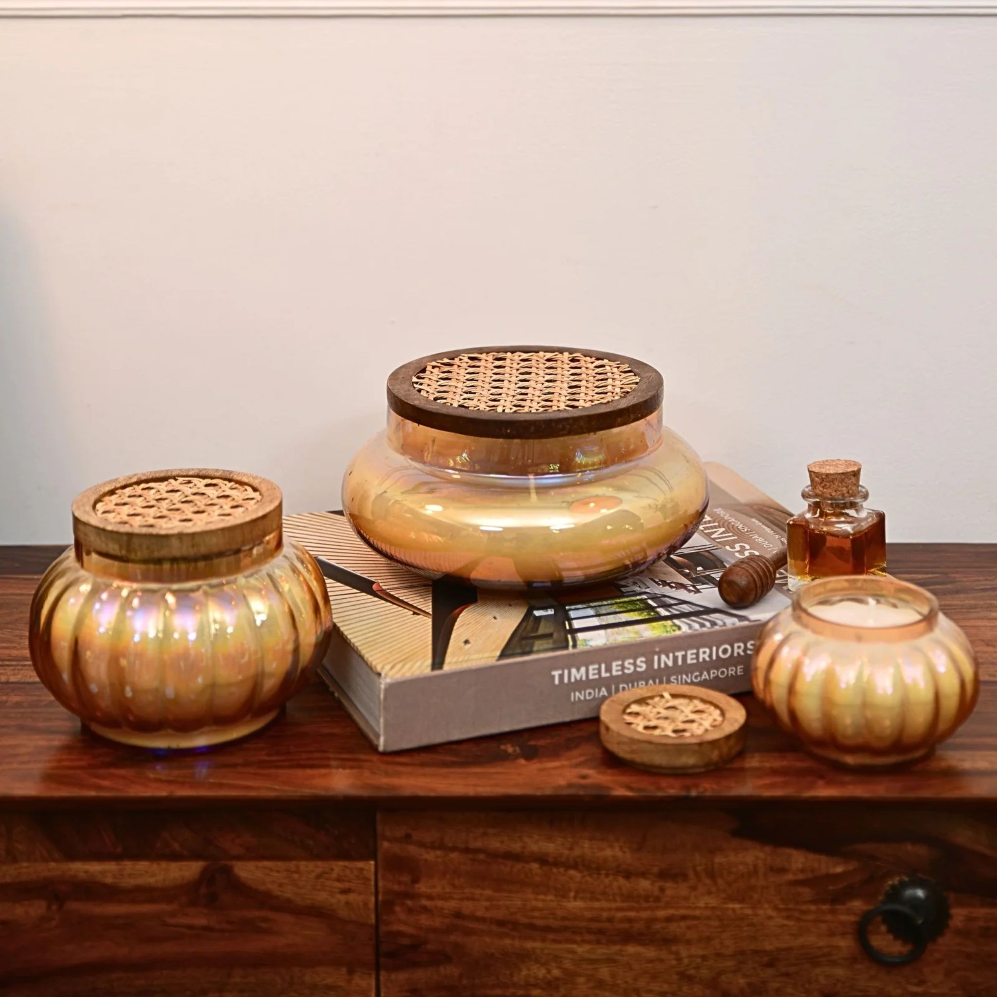 Amber Boho set of 3 - Lustre Jars with wooden cane lid by Endora Scented Candles | Tooffi