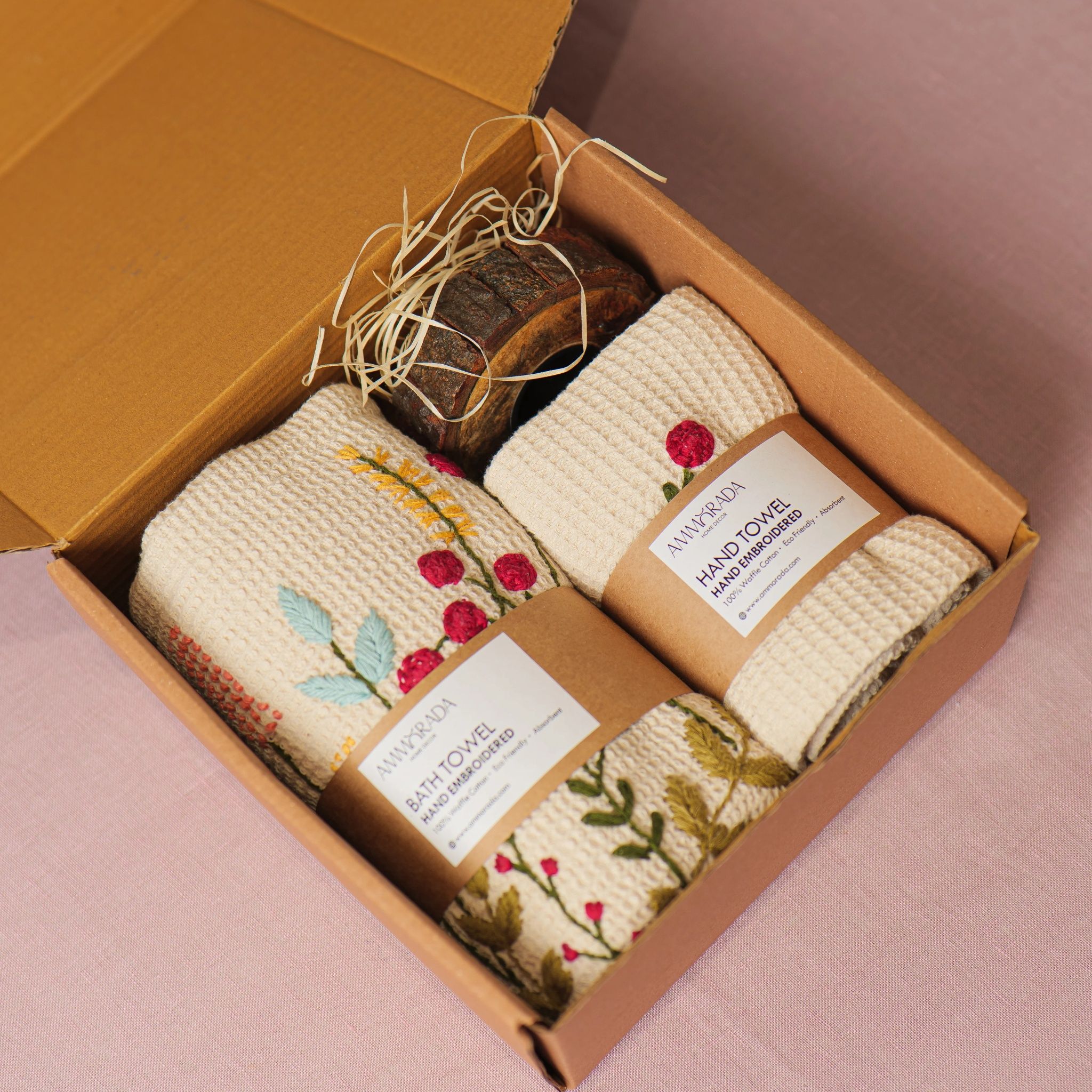 Spark & Smile Tulip Waffle Embroidered Towel Set Gift Set (Beige) by Ammorada | Tooffi