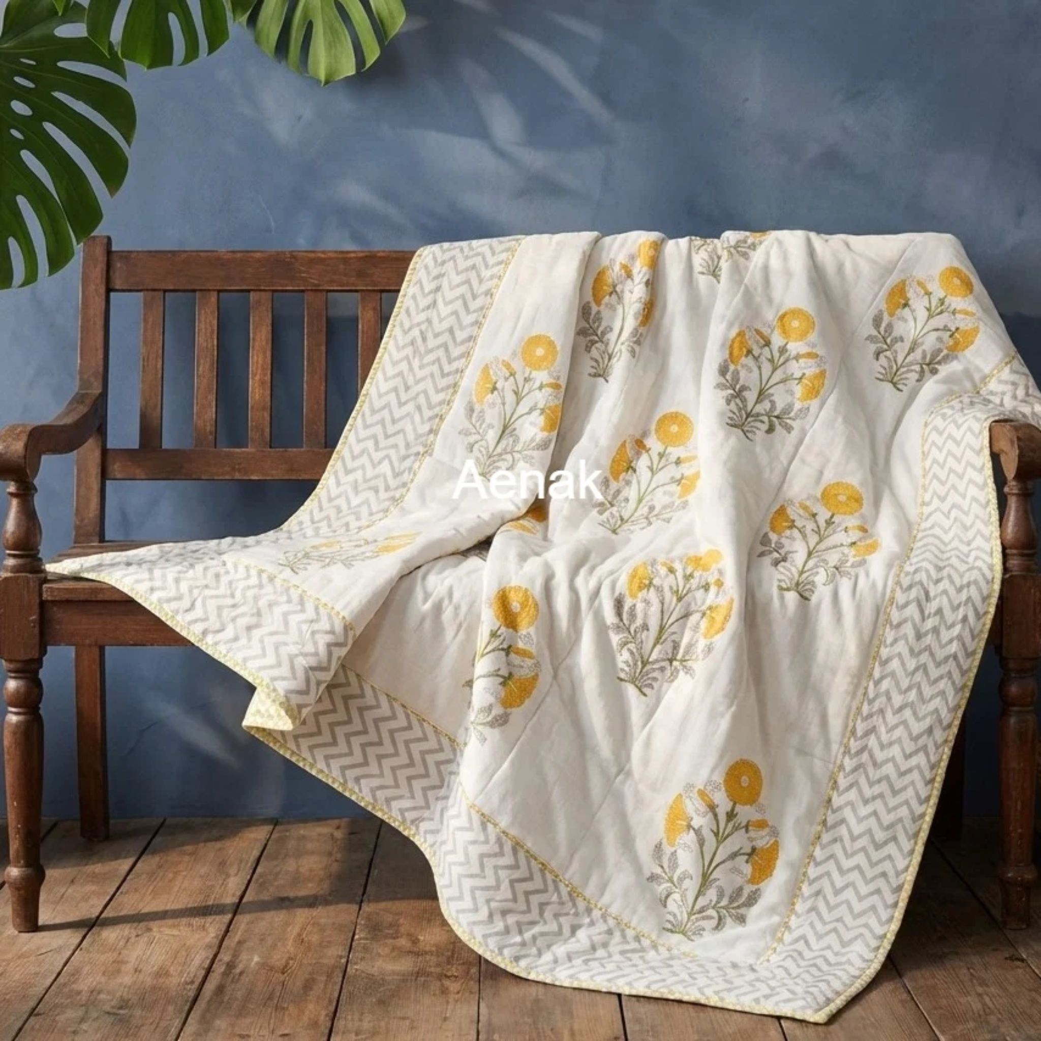 Yellow Dahlia Garden Handblock Mulmul Cotton Reversible Dohar by Aenak Studios | Tooffi