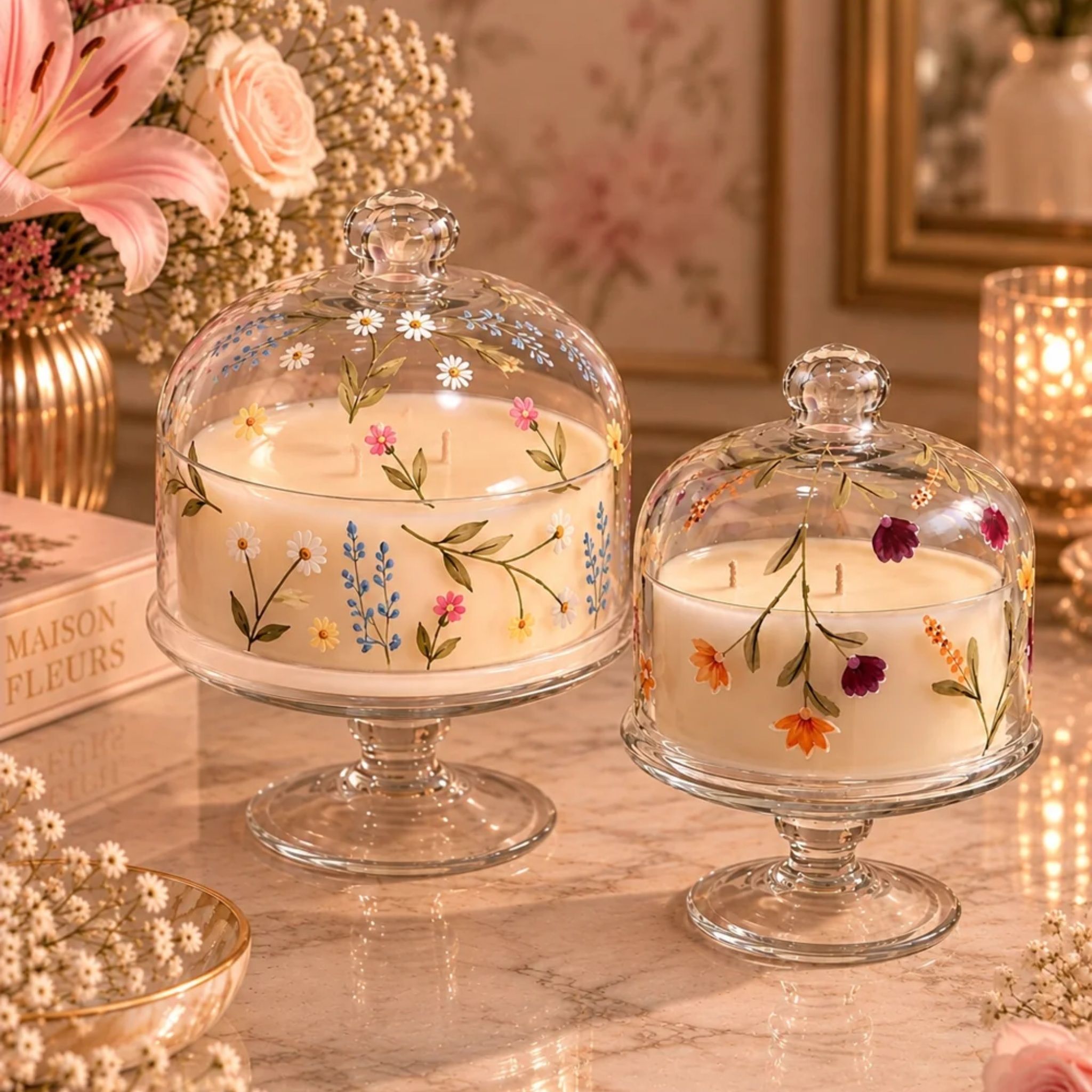 Floral Cascade Hand Painted Dome Jar Candle by Endora Scented Candles | Tooffi