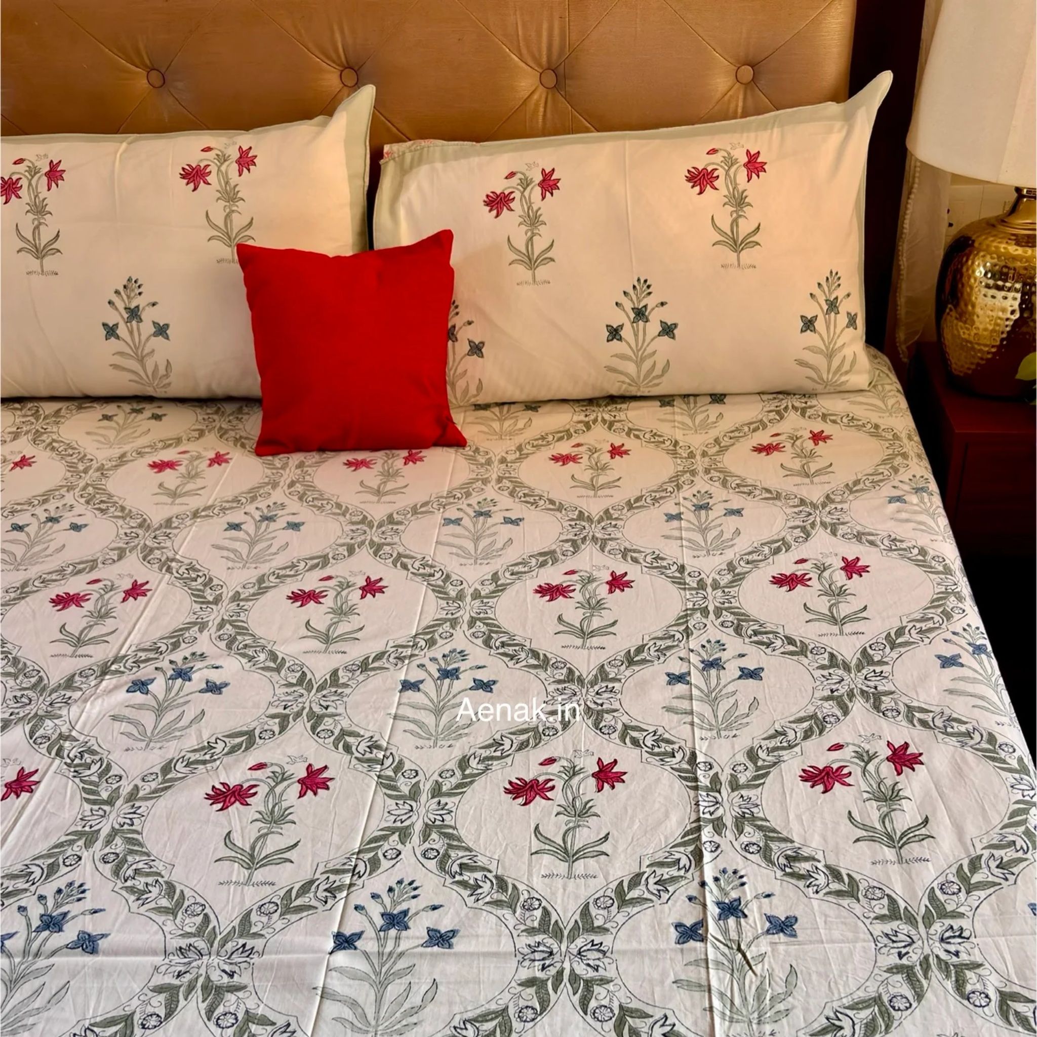Pink Blue Floral Jaal Handblock Premium Cotton Bedsheet Set by Aenak Studios | Tooffi