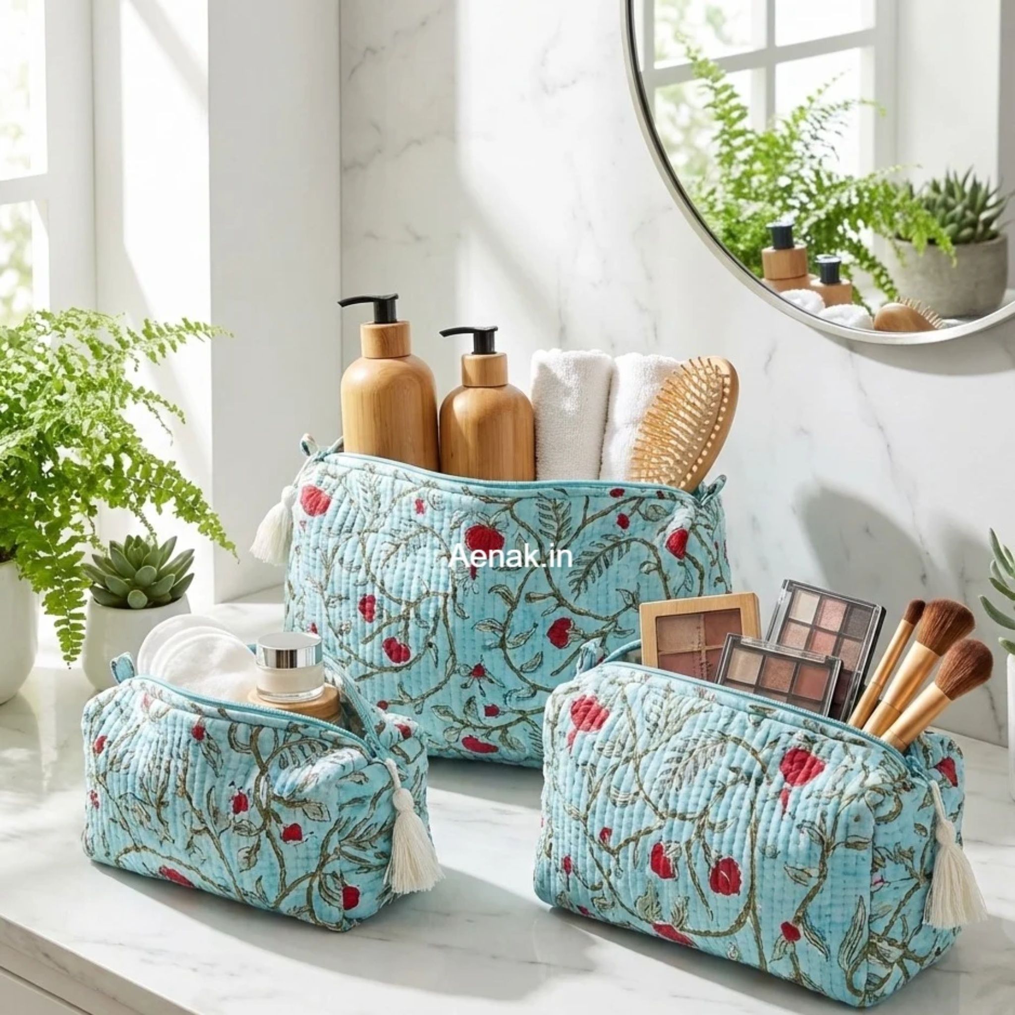 Red Floral Jaal Quilted Vanity Pouches-Set of 3 by Aenak Studios | Tooffi