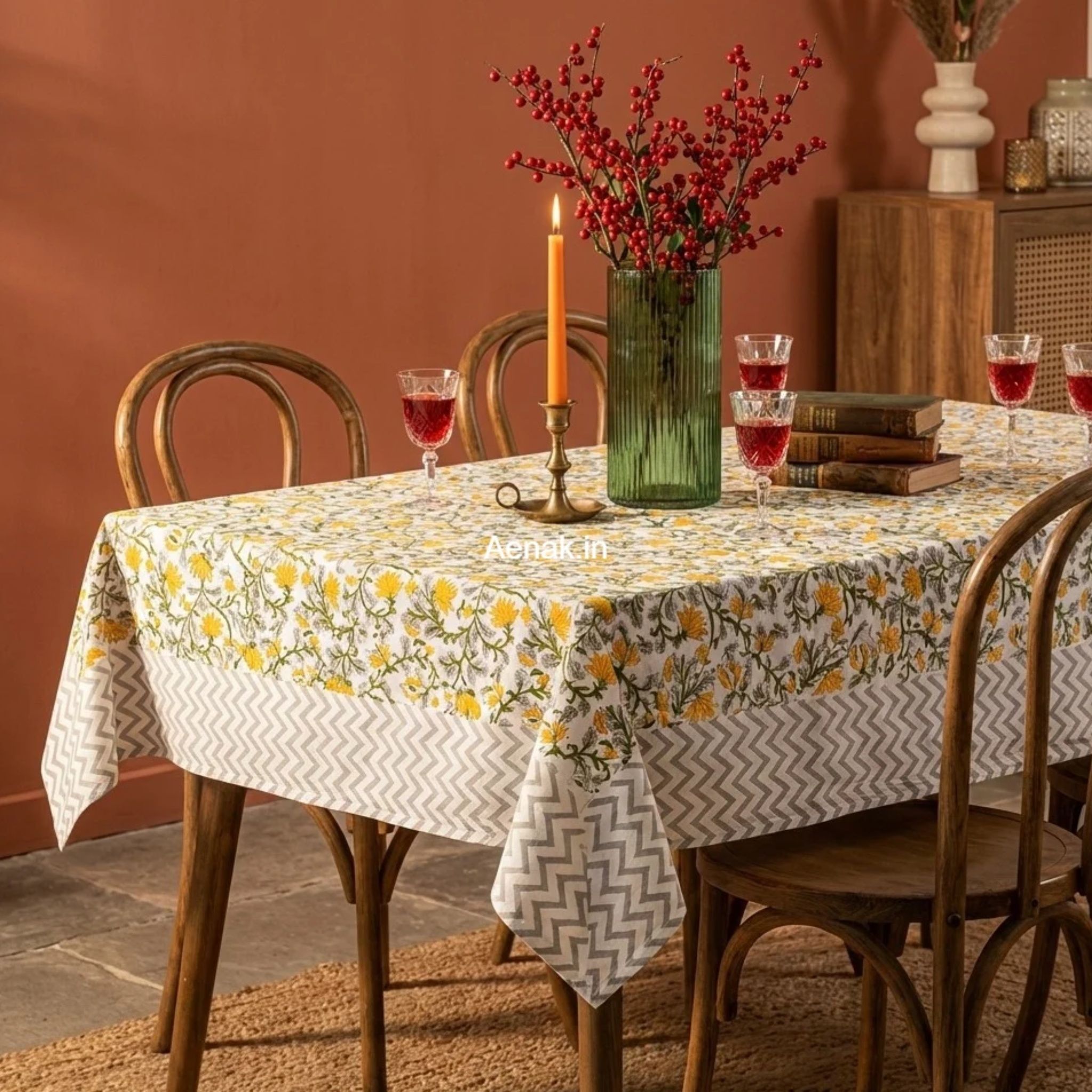 Yellow Marigold Handblock Table Cover by Aenak Studios | Tooffi