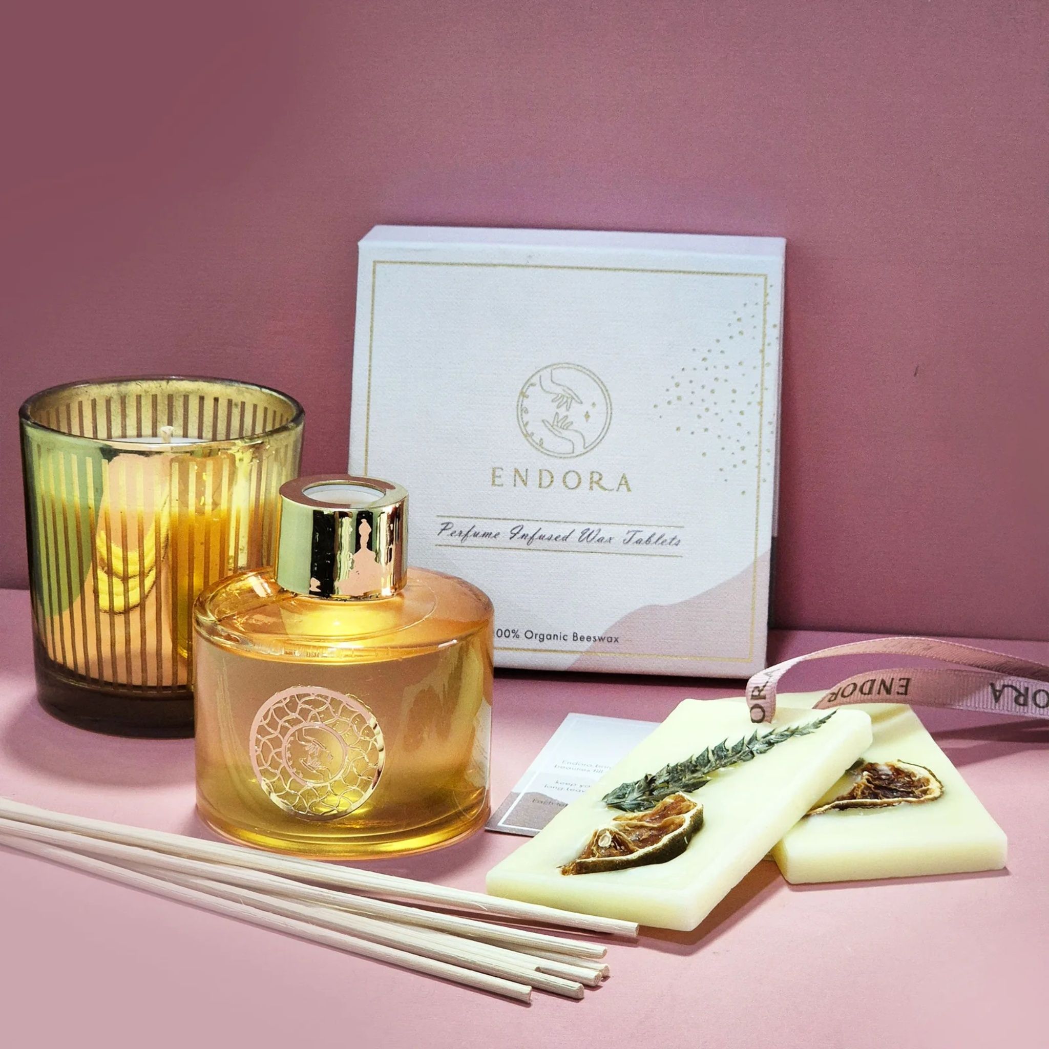 Gold Diffuser + Mercury votive candle + Set Of 2 Wax Tablet by Endora Scented Candles | Tooffi