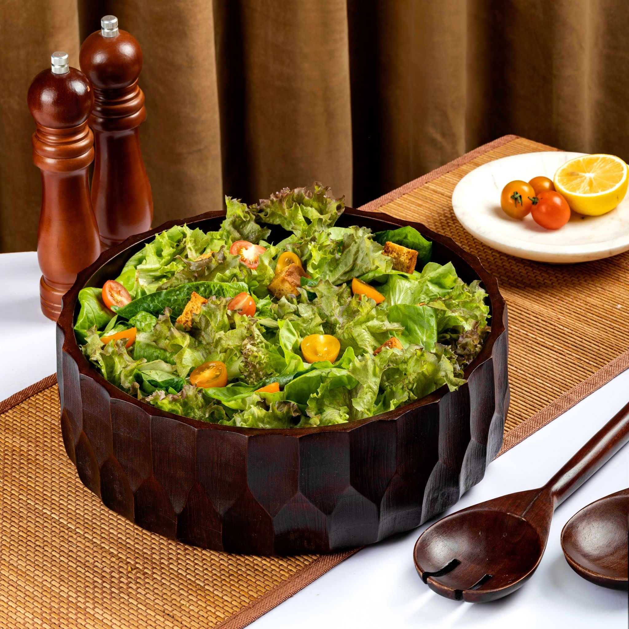 Salad Bowl + Server Set Wooden Honeycomb