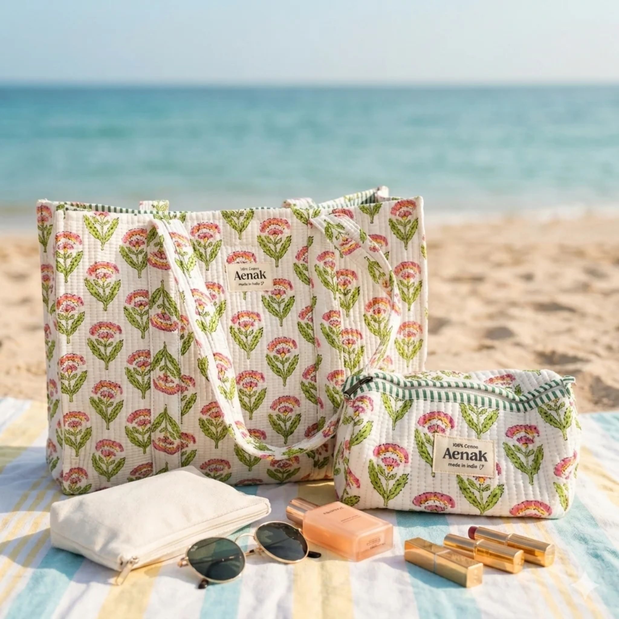 White Floral Garden Quilted Cotton Travel Bag + Vanity Pouch by Aenak Studios | Tooffi