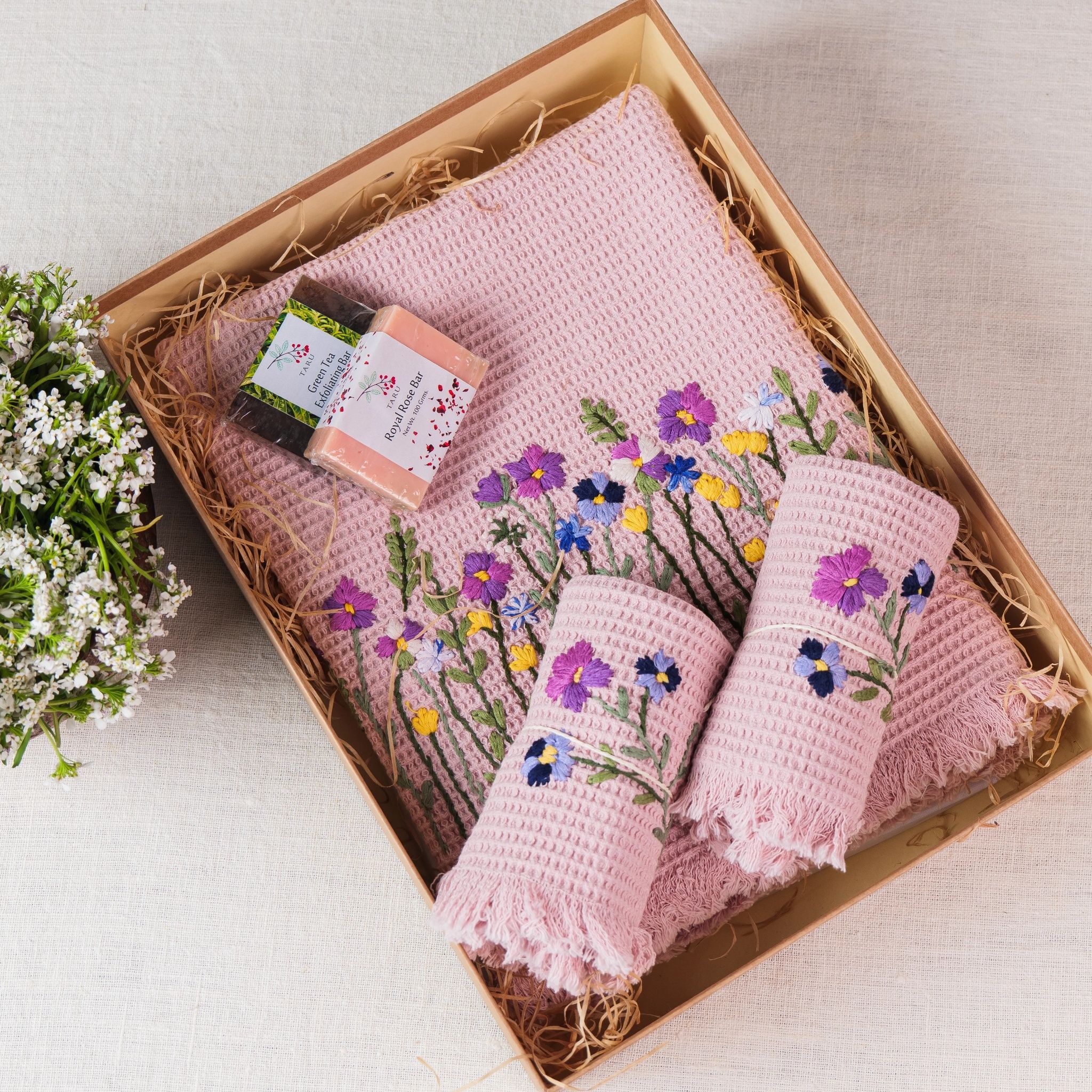 Luxeweave Spa Tulip Waffel Hand Embroidered Towel Gift Set Pink 100% Cotton, With Hand made Soaps Quantity 2 by Ammorada | Tooffi