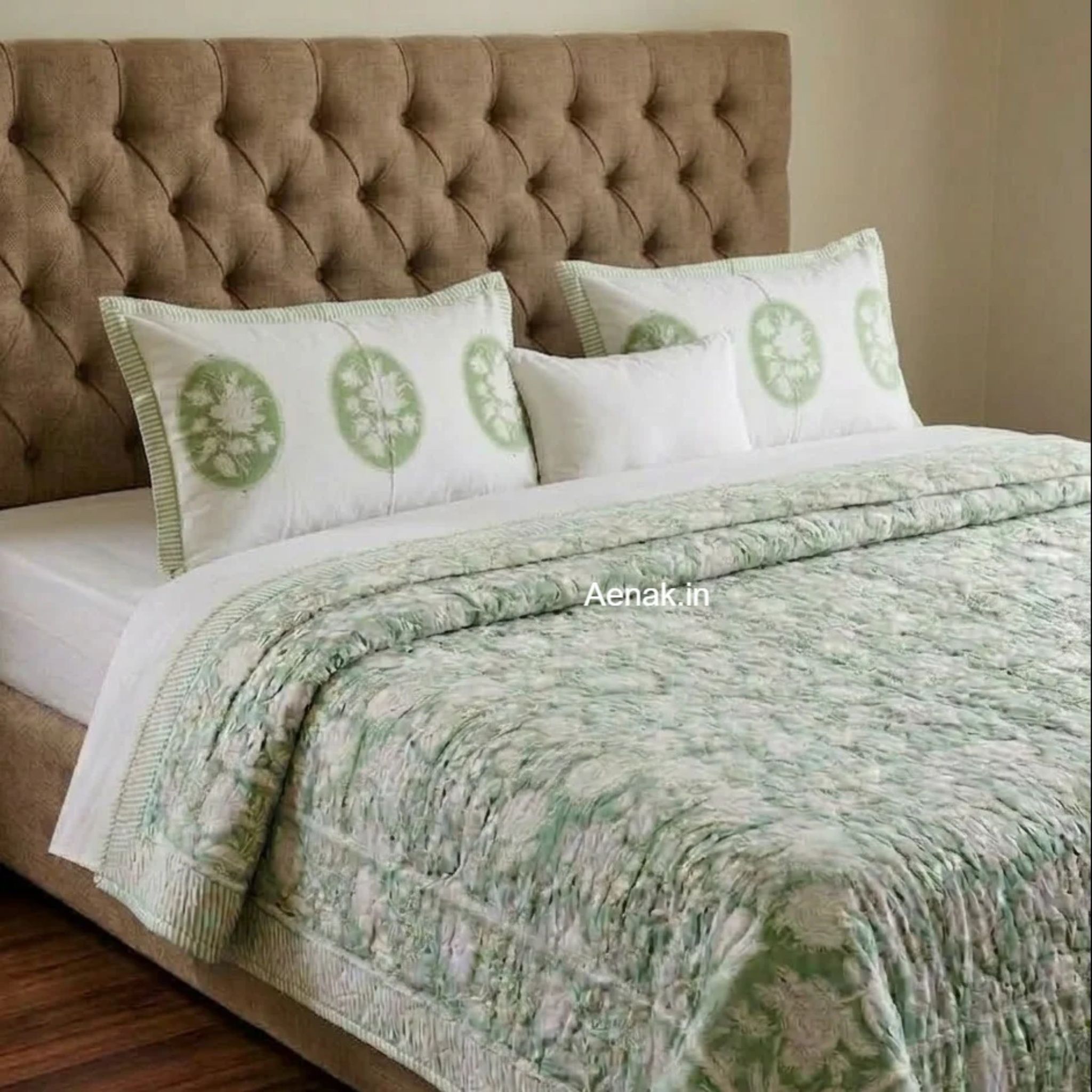 Green Garden Handblock Bedsheet + Quilted Bedcover Combo Set by Aenak Studios | Tooffi