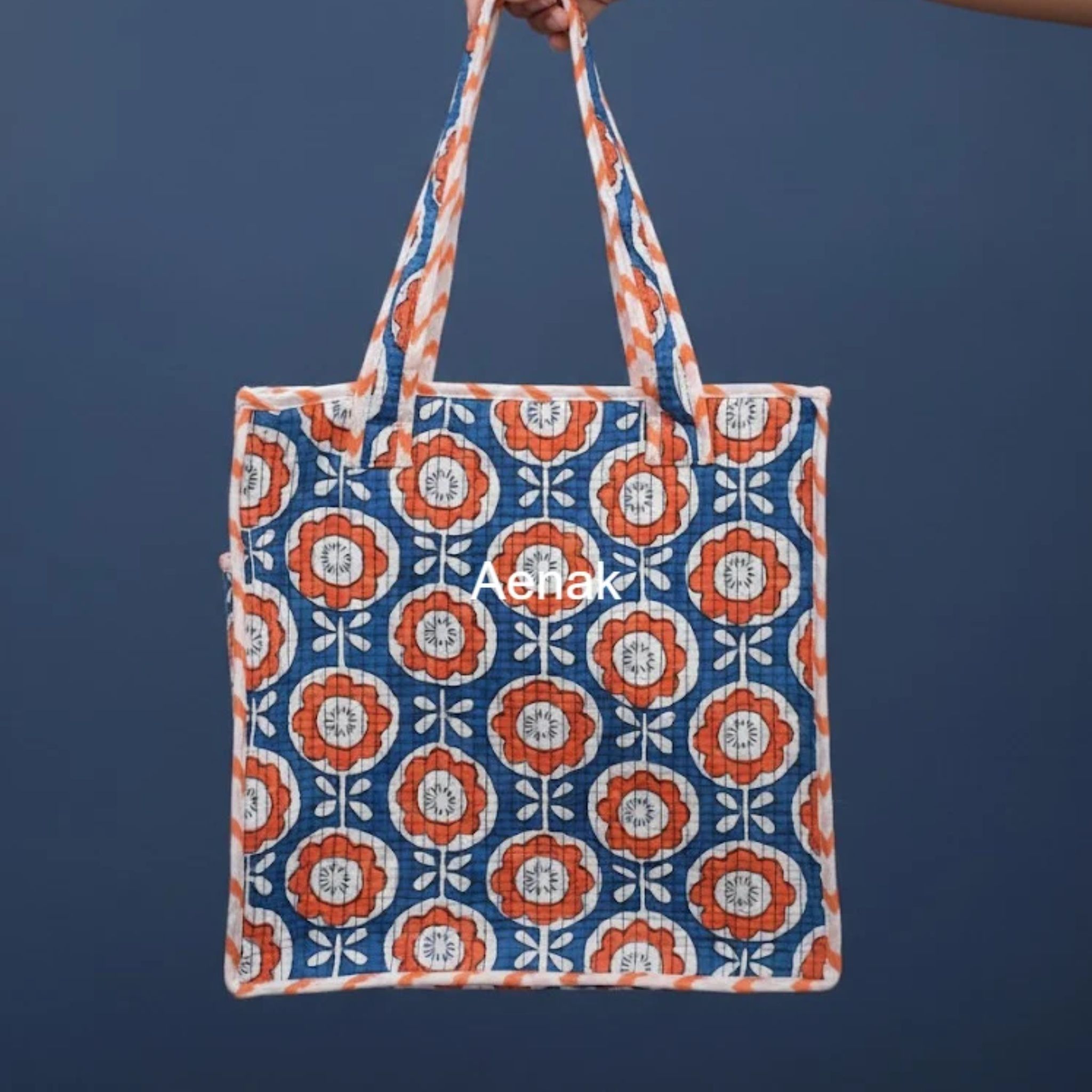 Orange Floral Handblock Lunch Bag by Aenak Studios | Tooffi