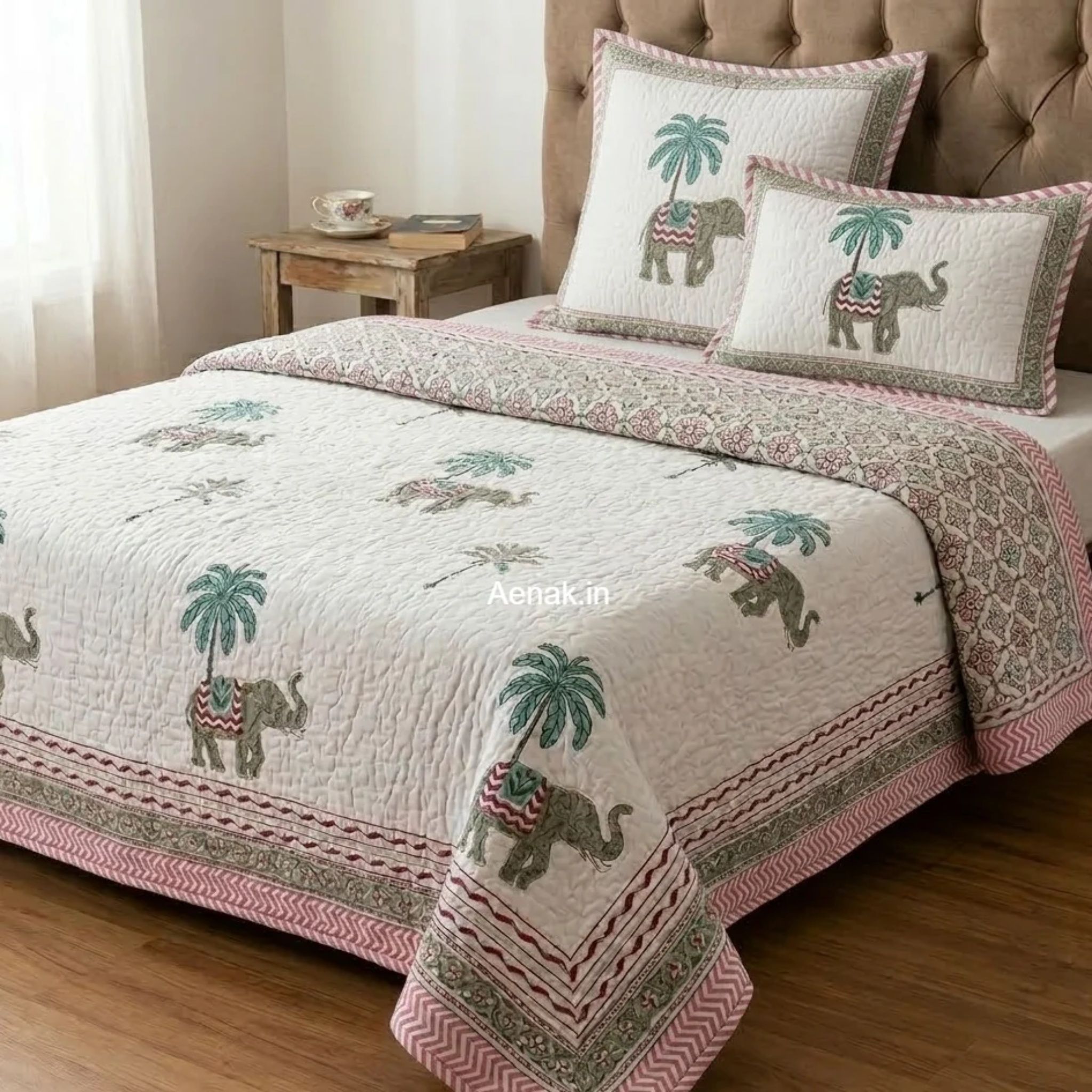 Grey Elephant Handblock Bedsheet + Quilted Bedcover Combo Set by Aenak Studios | Tooffi