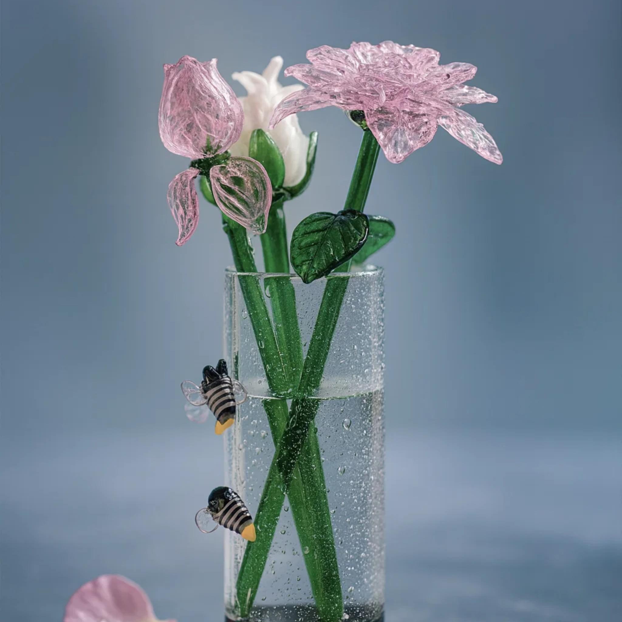 Handblown Glass Art Floral Bouquet with 3 flowers & Vase